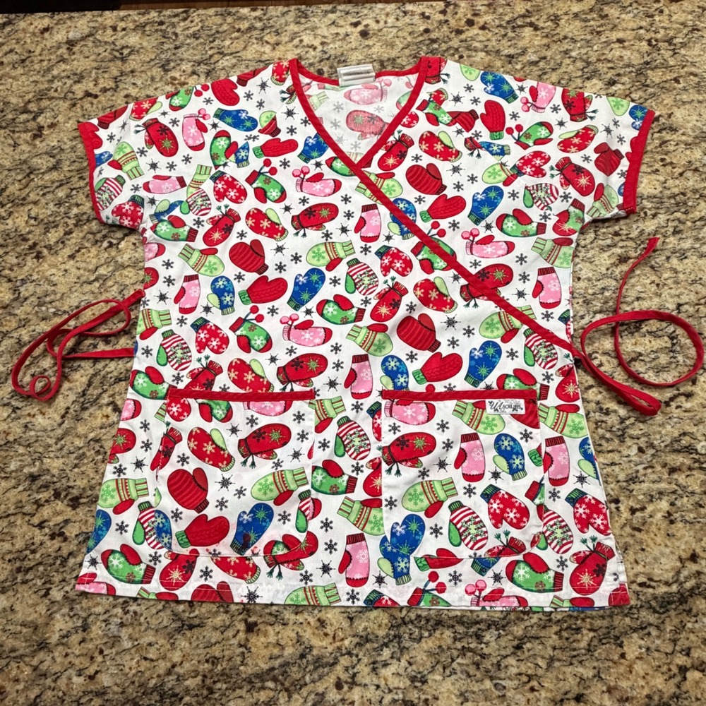 UA Scrubs Womens Medium Christmas Mitten Snowflake Mock Wrap Scrub Top Red White